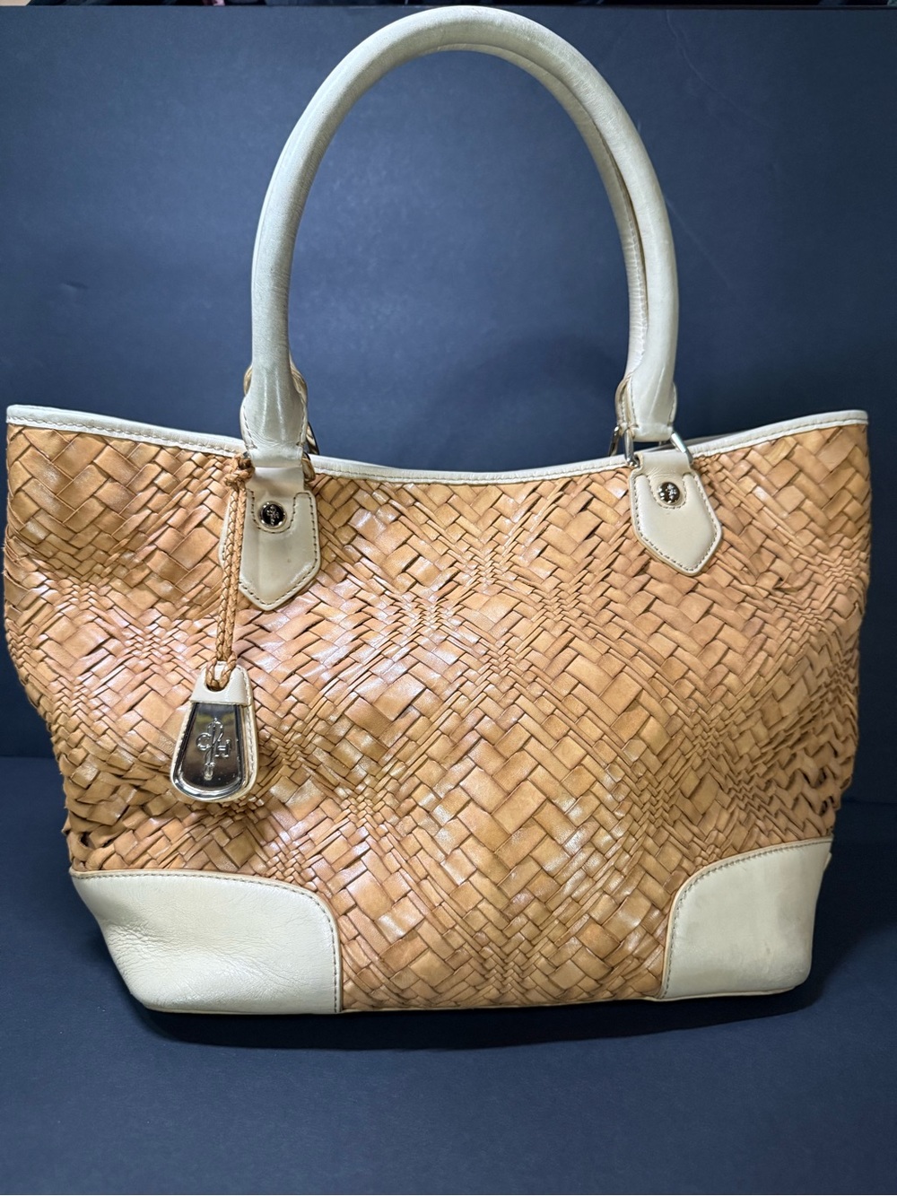 Cole Haan Woven Leather Tote Bag in Tan and Cream